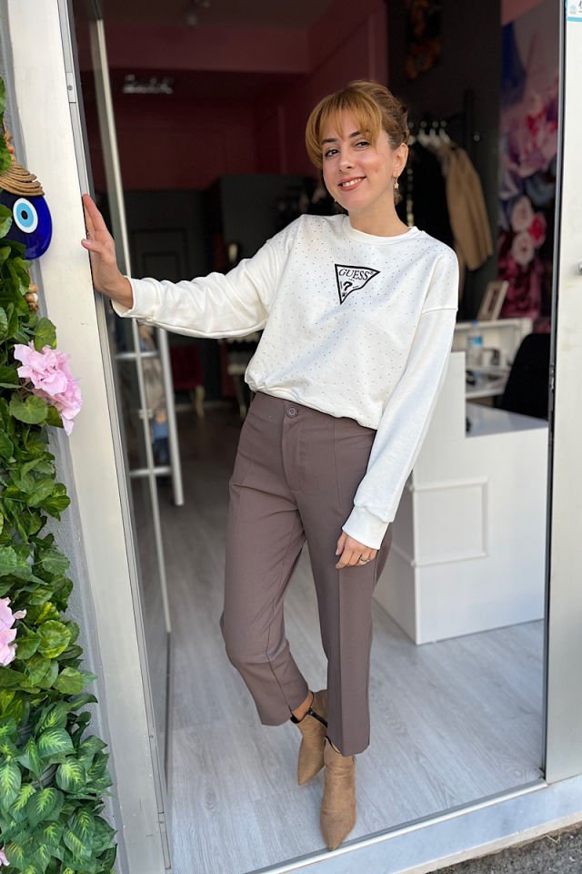 Taşlı Sweatshirt-Ekru