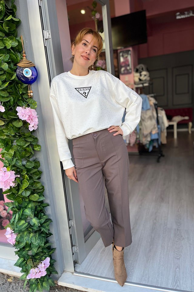 Taşlı Sweatshirt-Ekru