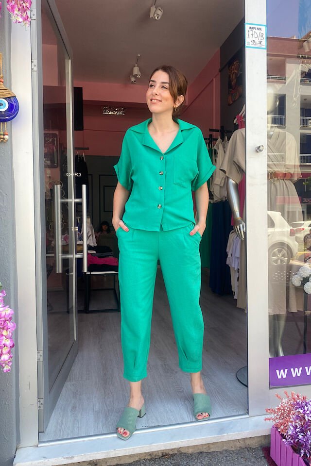 Pilili Keten Pantolon-Çimen Yeşili