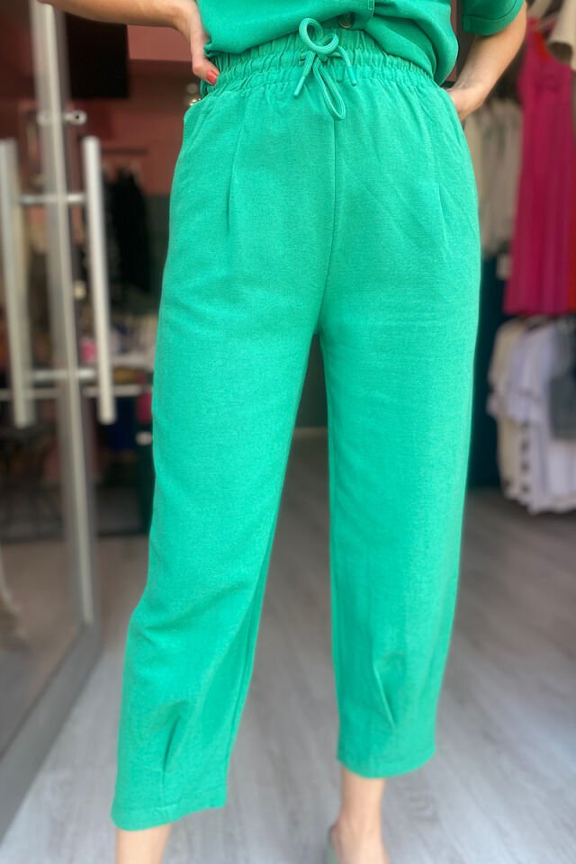 Pilili Keten Pantolon-Çimen Yeşili