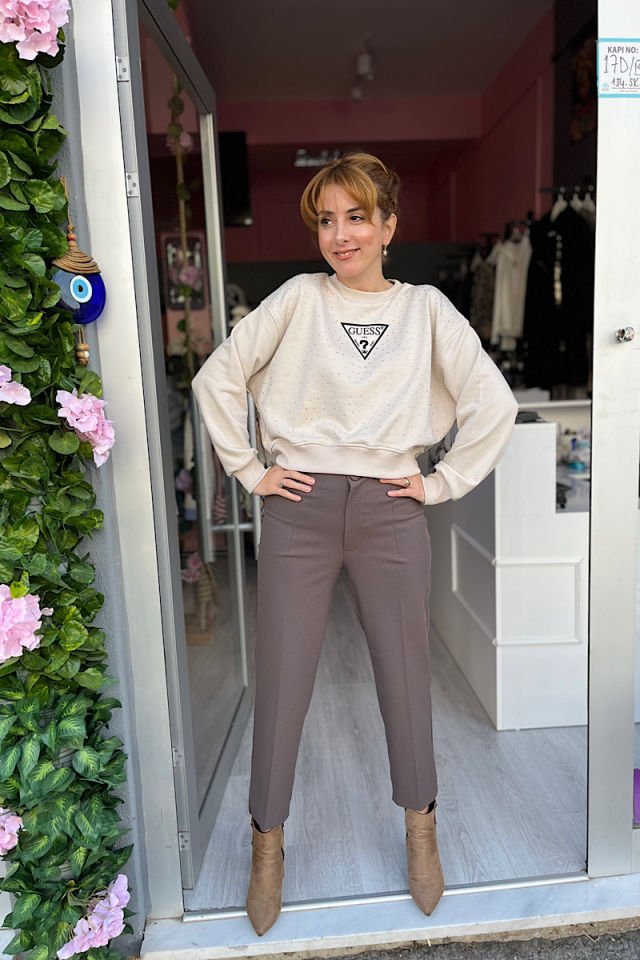 Paça Yırtmaçlı Pantolon-Kahve