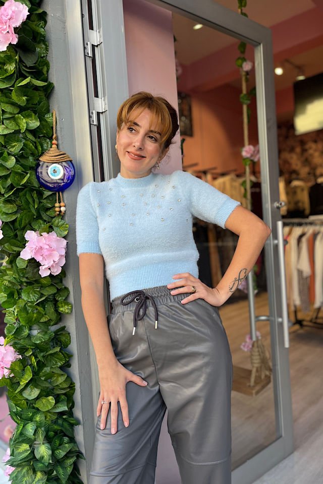 Taşlı Yumoş Triko-Bebe Mavi