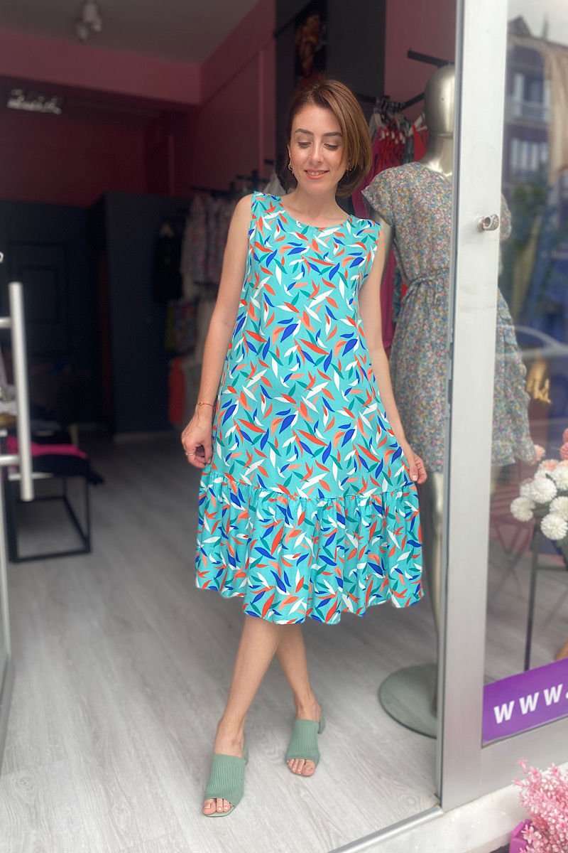 Desenli Kolsuz Viskon Elbise