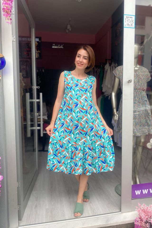 Desenli Kolsuz Viskon Elbise