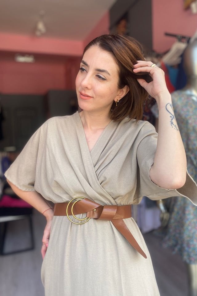 Kemerli Keten Kruvaze Elbise