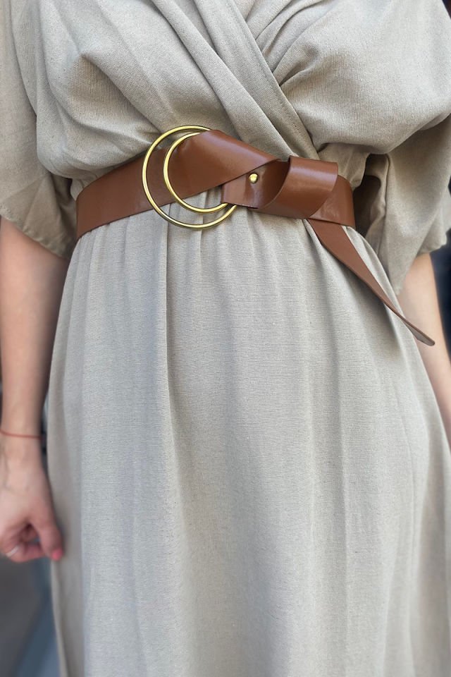 Kemerli Keten Kruvaze Elbise