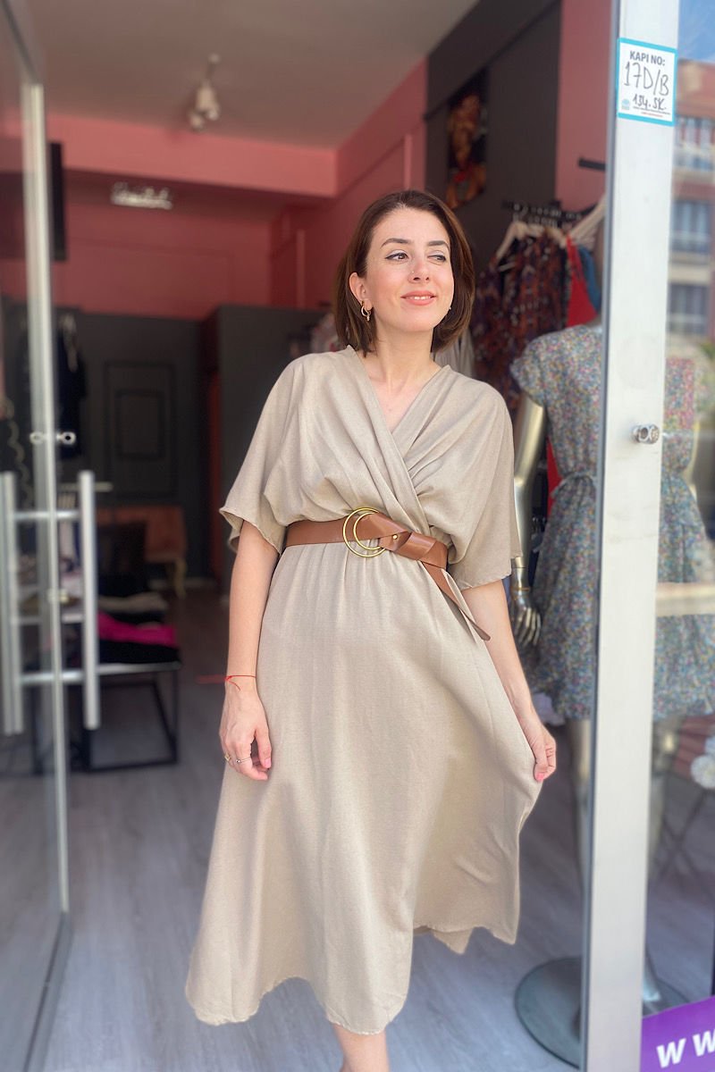 Kemerli Keten Kruvaze Elbise