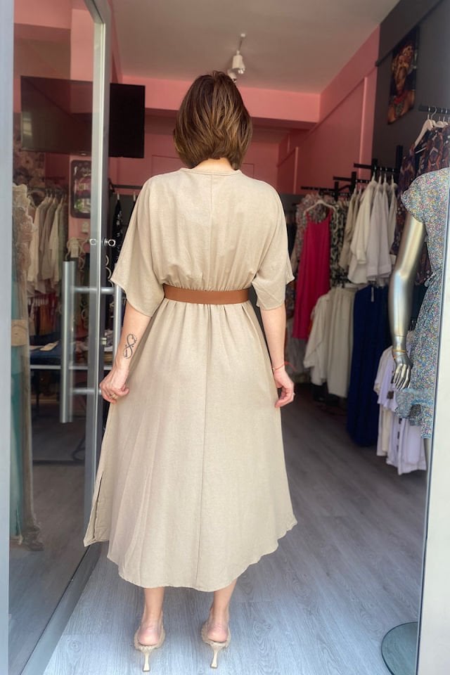 Kemerli Keten Kruvaze Elbise