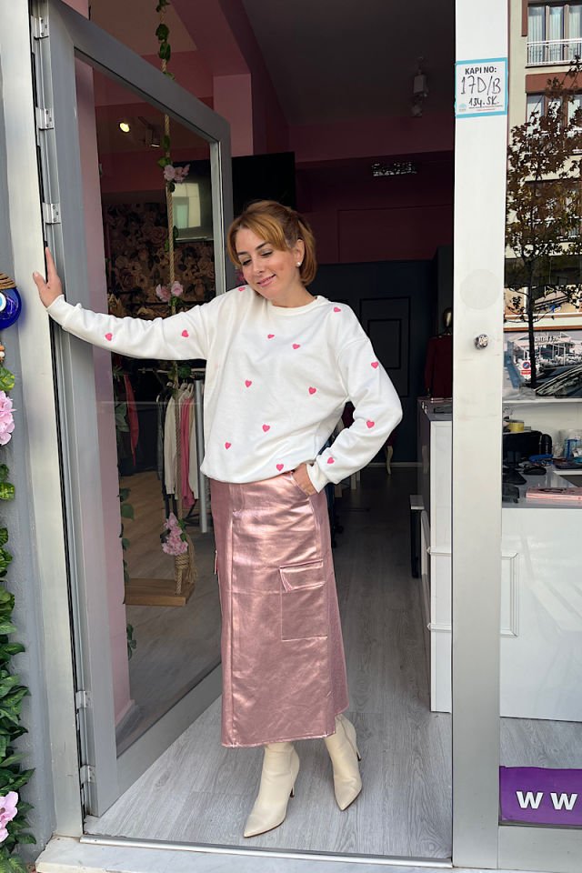 Kalp Nakışlı Sweatshirt-Ekru