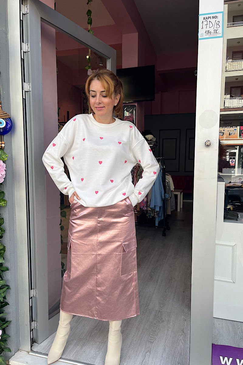 Kalp Nakışlı Sweatshirt-Ekru