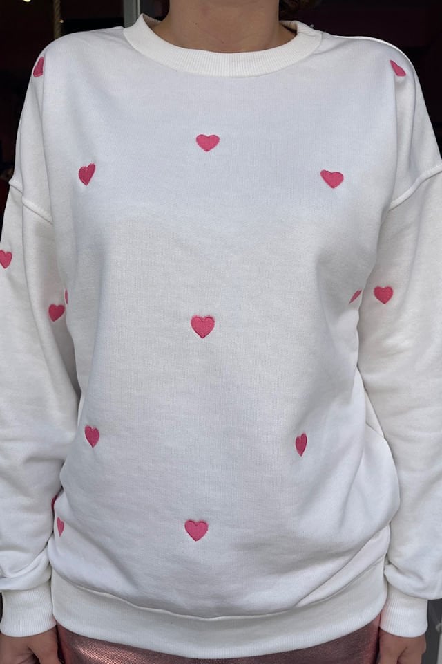 Kalp Nakışlı Sweatshirt-Ekru