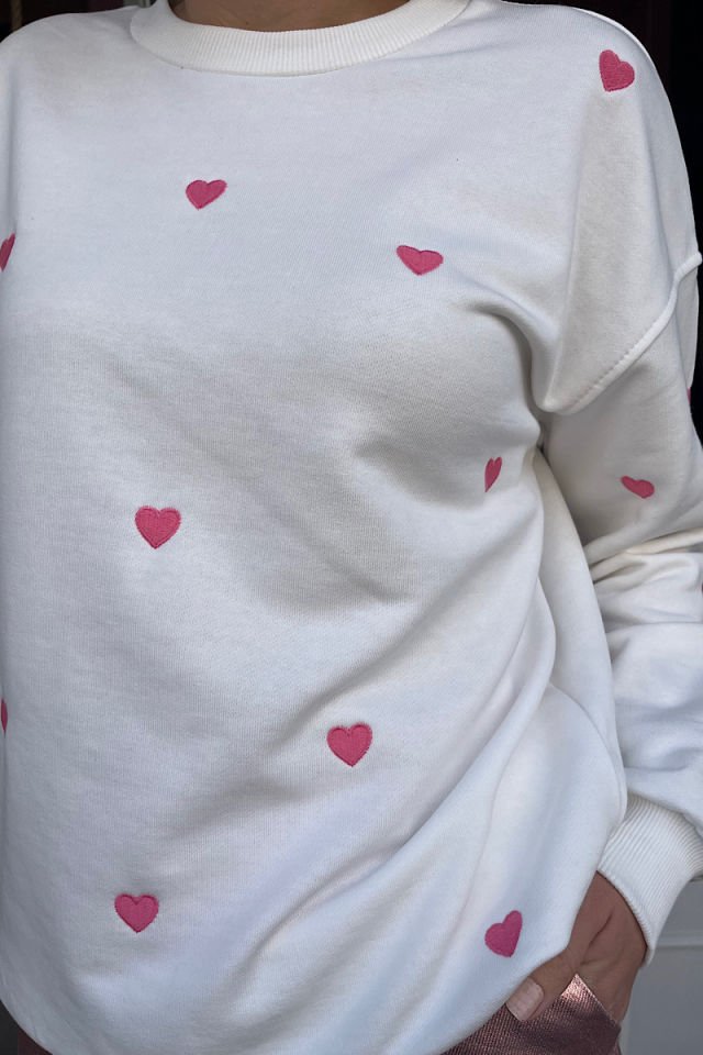 Kalp Nakışlı Sweatshirt-Ekru