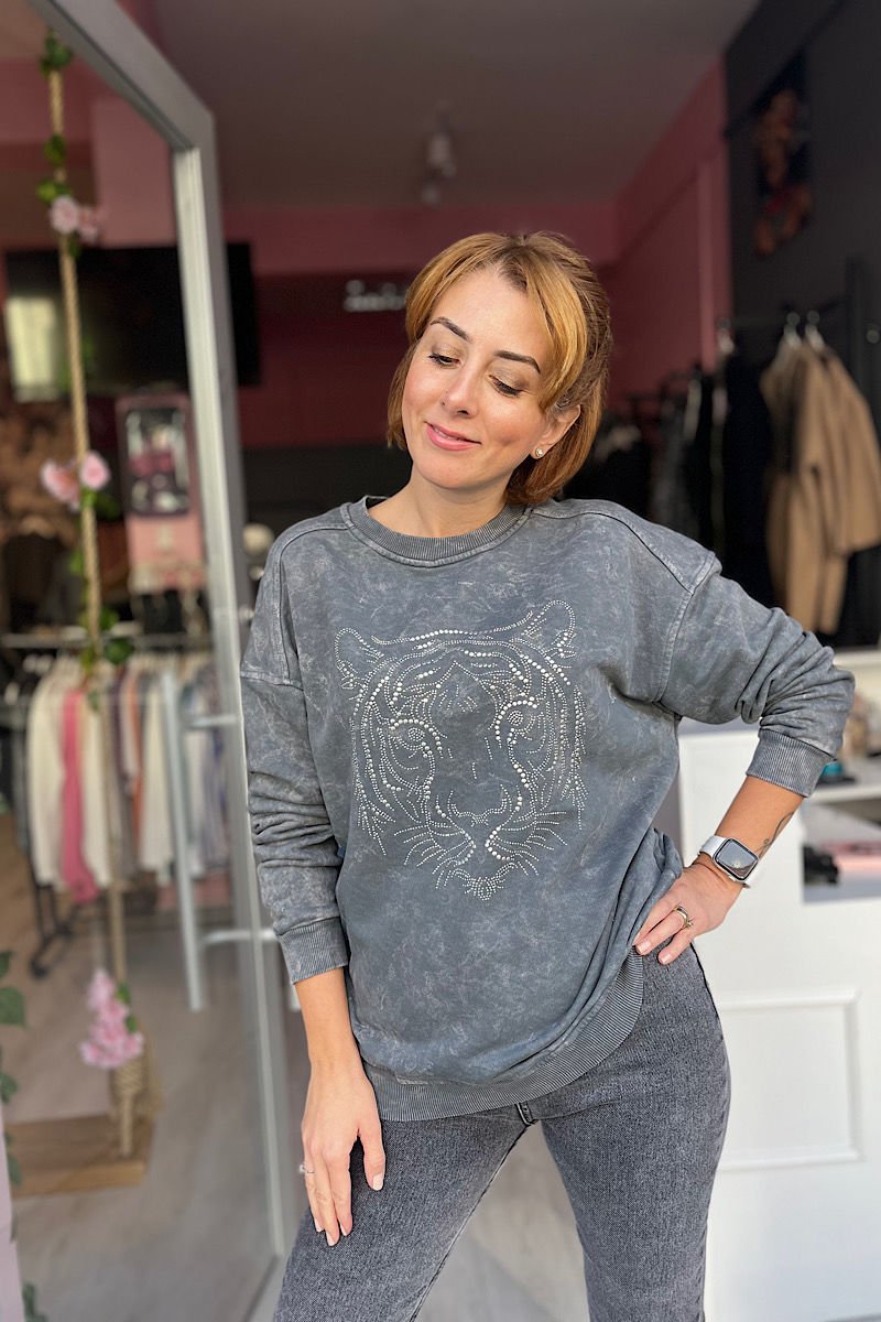Yıkamalı Sweatshirt-Gri