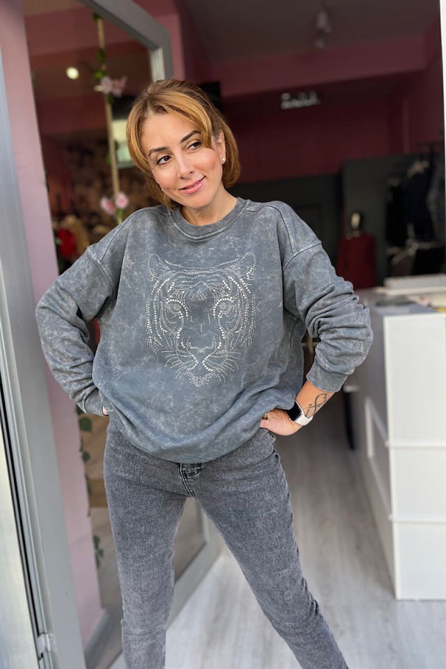 Yıkamalı Sweatshirt-Gri