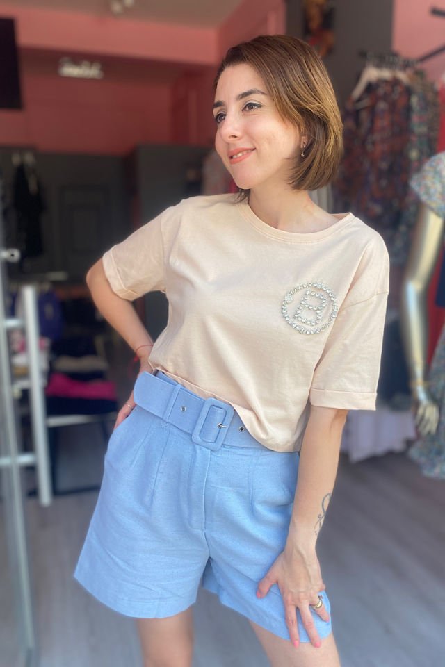 Taşlı Kısa Tişört-Bej
