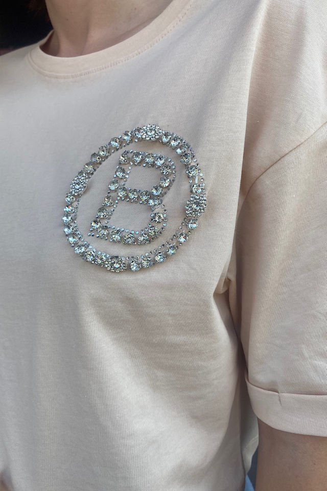 Taşlı Kısa Tişört-Bej