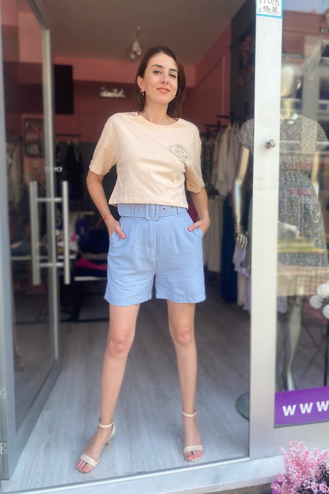 Taşlı Kısa Tişört-Bej