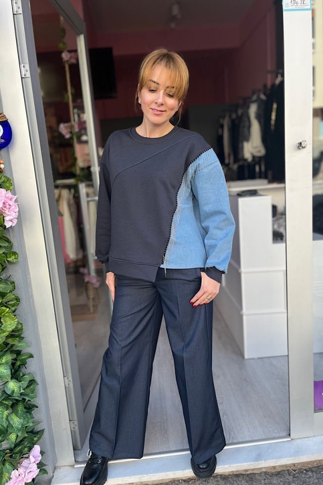 Kot Garnili Zincirli Sweatshirt-Füme