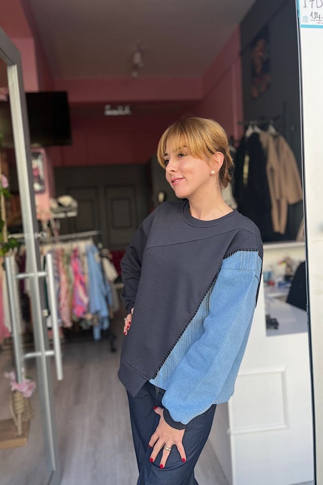 Kot Garnili Zincirli Sweatshirt-Füme