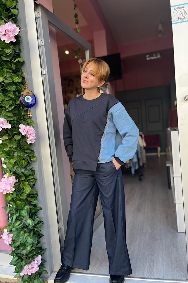 Kot Garnili Zincirli Sweatshirt-Füme