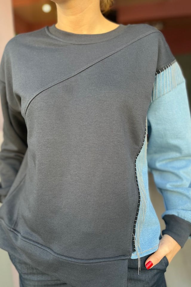 Kot Garnili Zincirli Sweatshirt-Füme