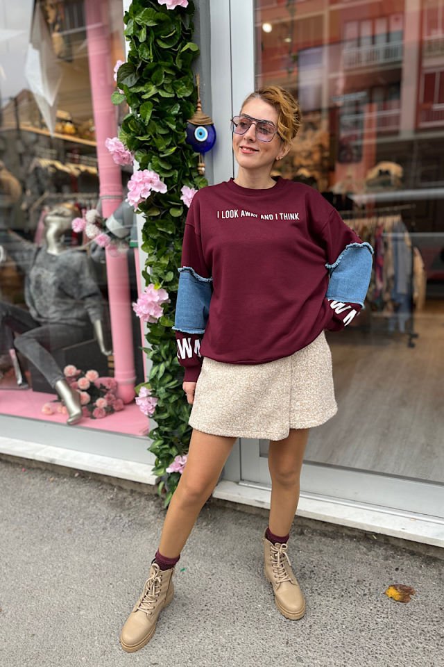 Kolu Kot Detaylı Sweat-Bordo