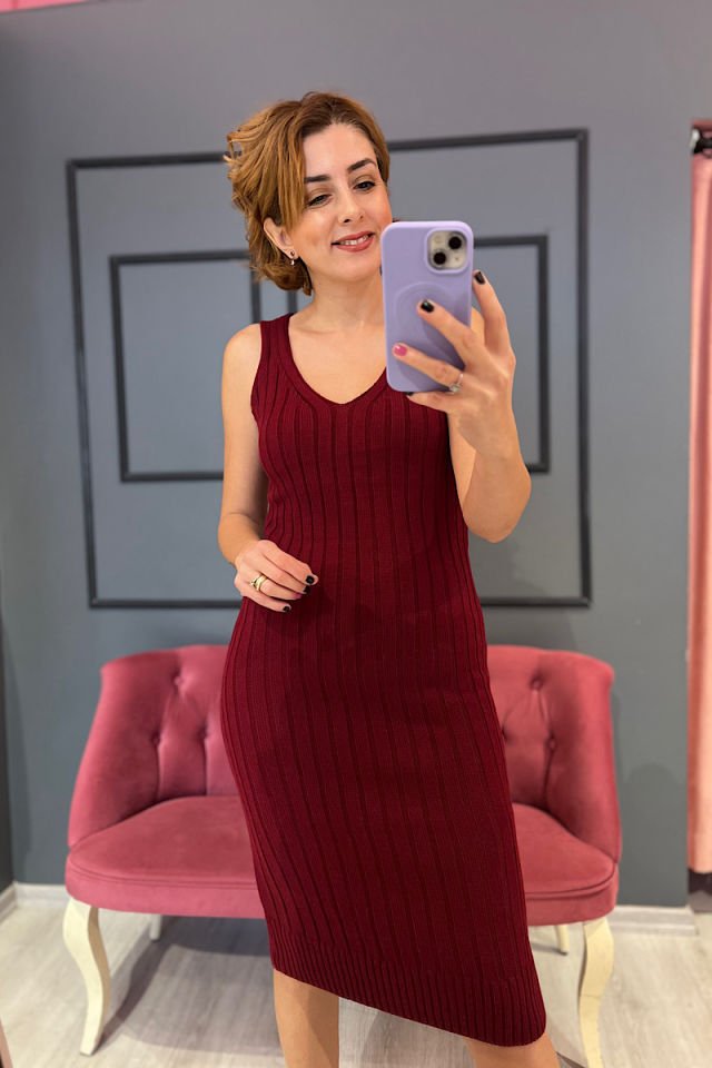 İkili Triko Elbise -Bordo