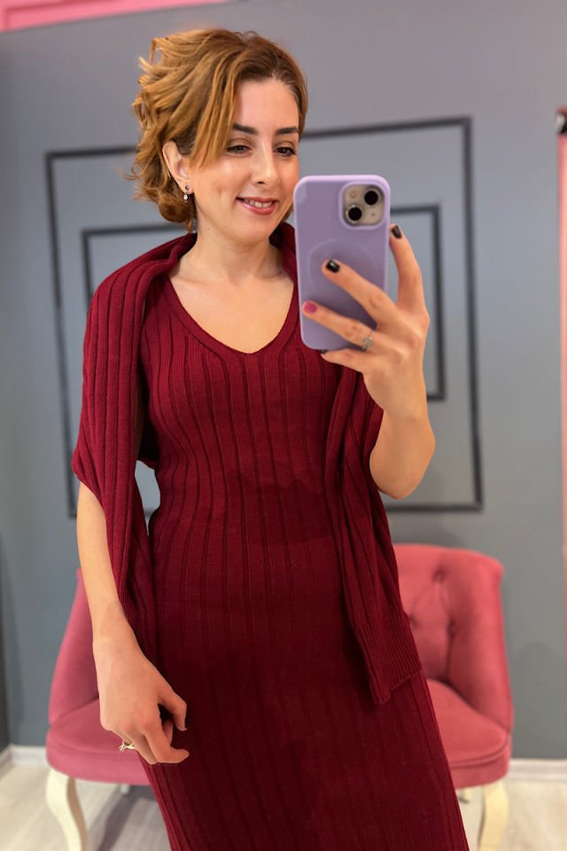 İkili Triko Elbise -Bordo