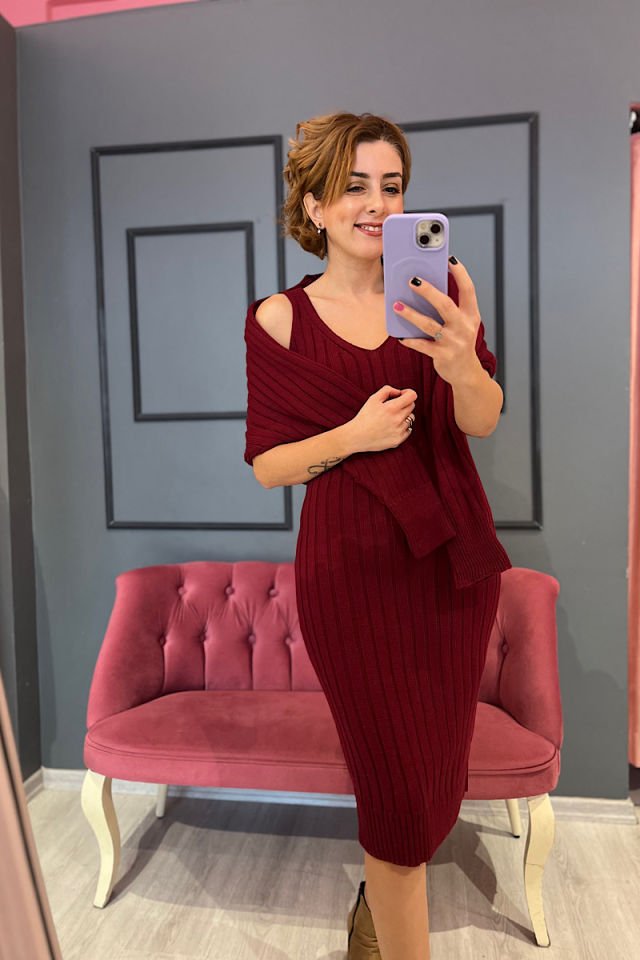 İkili Triko Elbise -Bordo