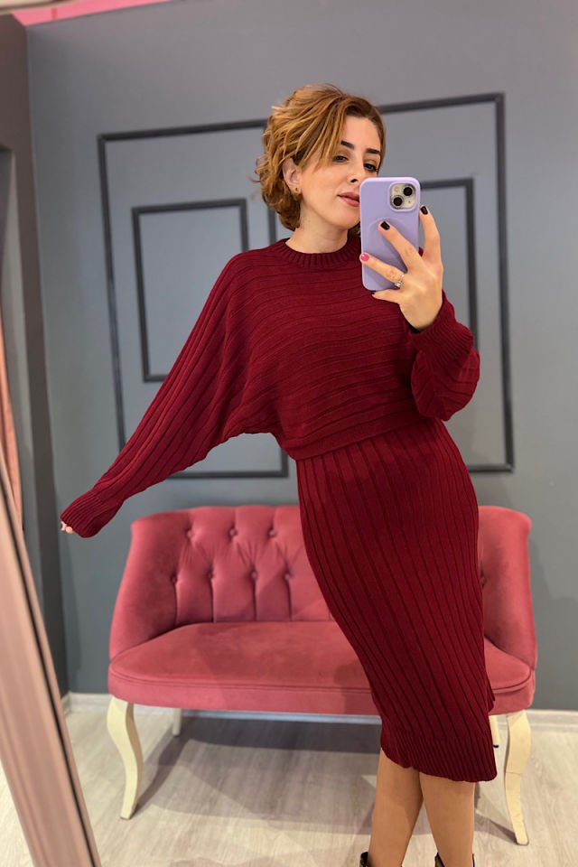 İkili Triko Elbise -Bordo