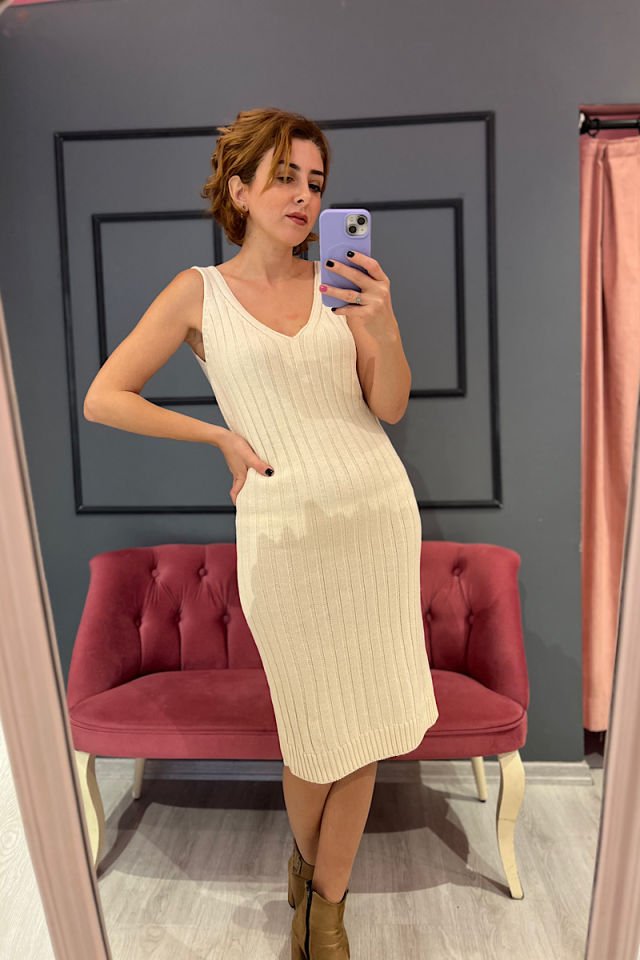 İkili Triko Elbise-Ekru