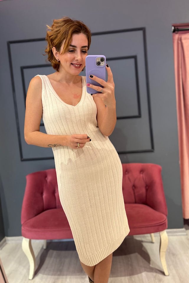 İkili Triko Elbise-Ekru