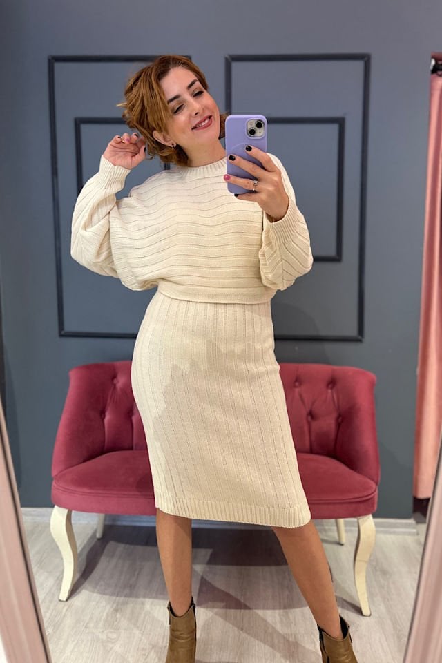 İkili Triko Elbise-Ekru