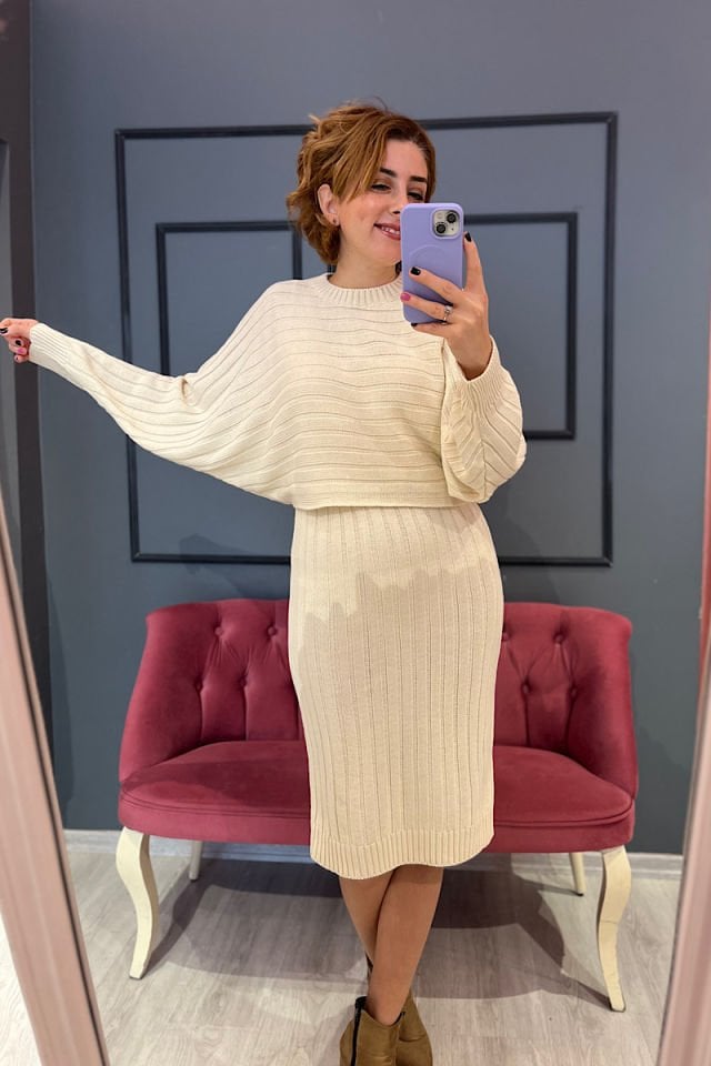 İkili Triko Elbise-Ekru