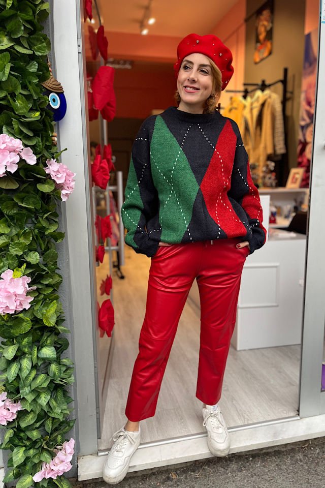 Deri Mom Fit Pantolon-Kırmızı