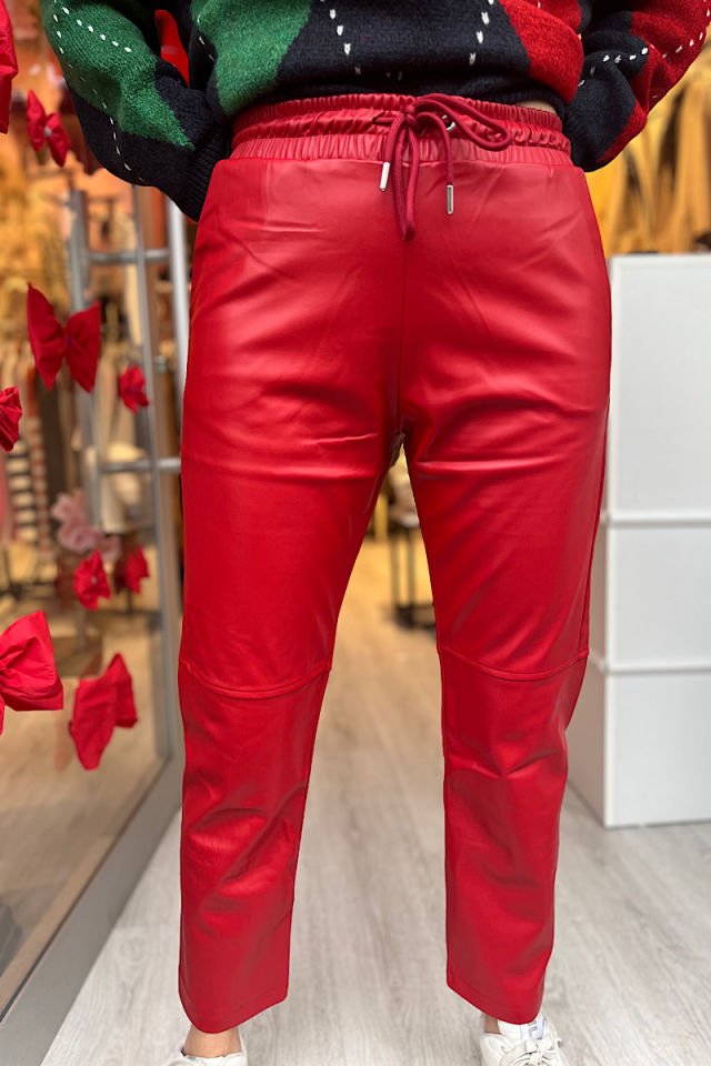 Deri Mom Fit Pantolon-Kırmızı