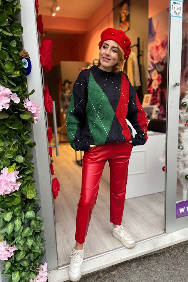 Deri Mom Fit Pantolon-Kırmızı