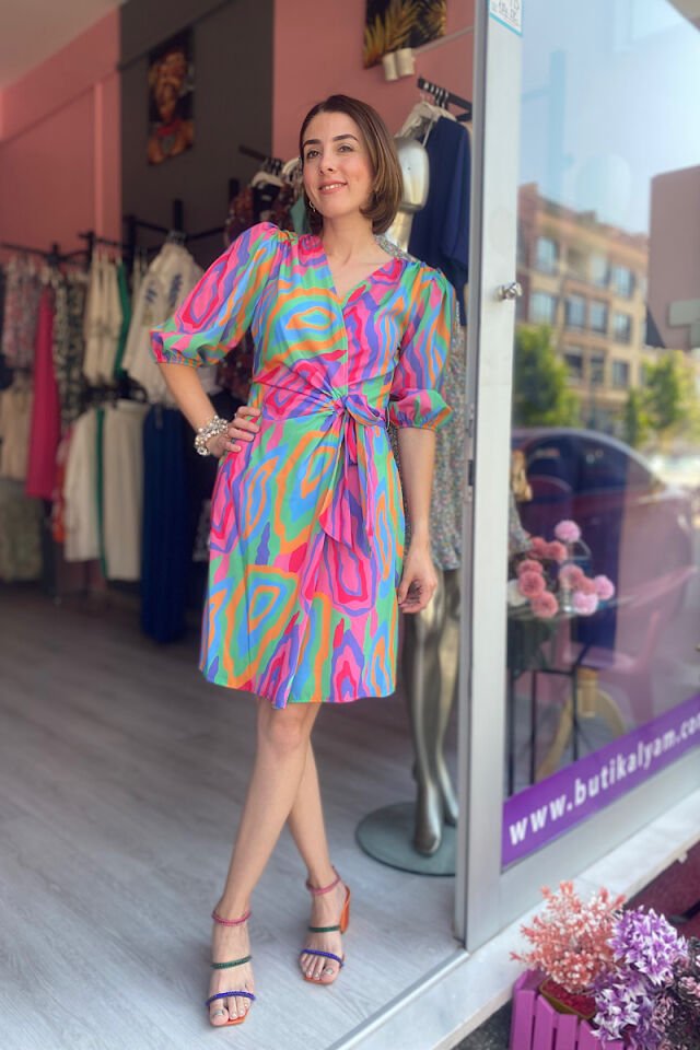 Çok Renkli Kruvaze Elbise