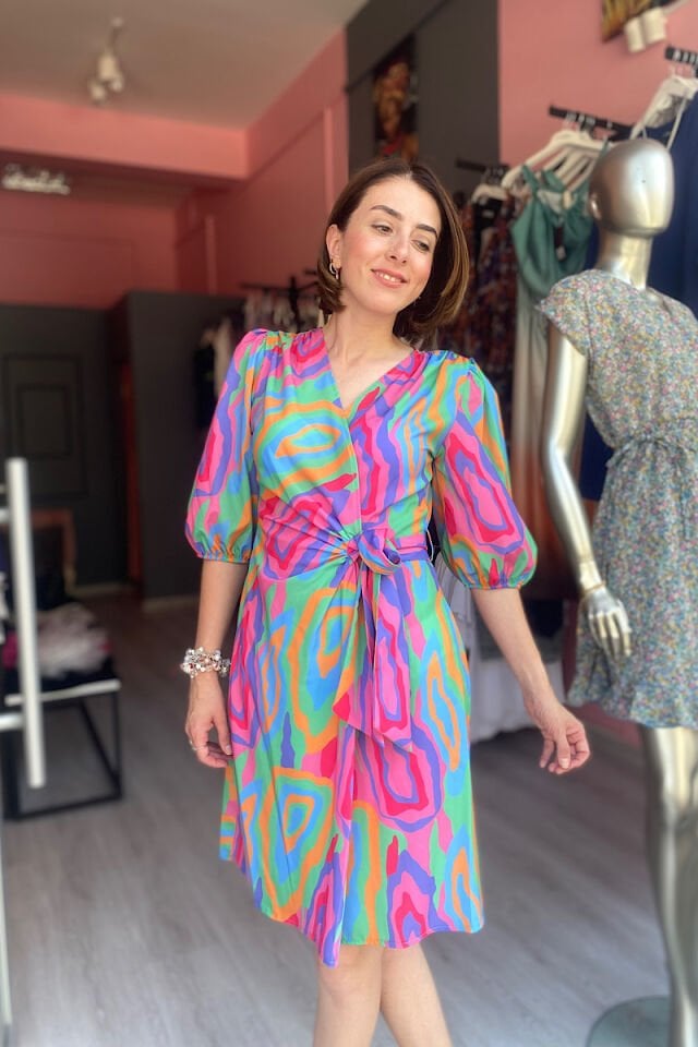 Çok Renkli Kruvaze Elbise