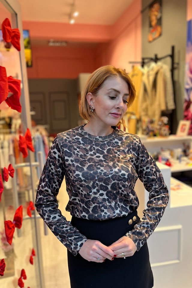 Leopar Desen Triko-Kahve