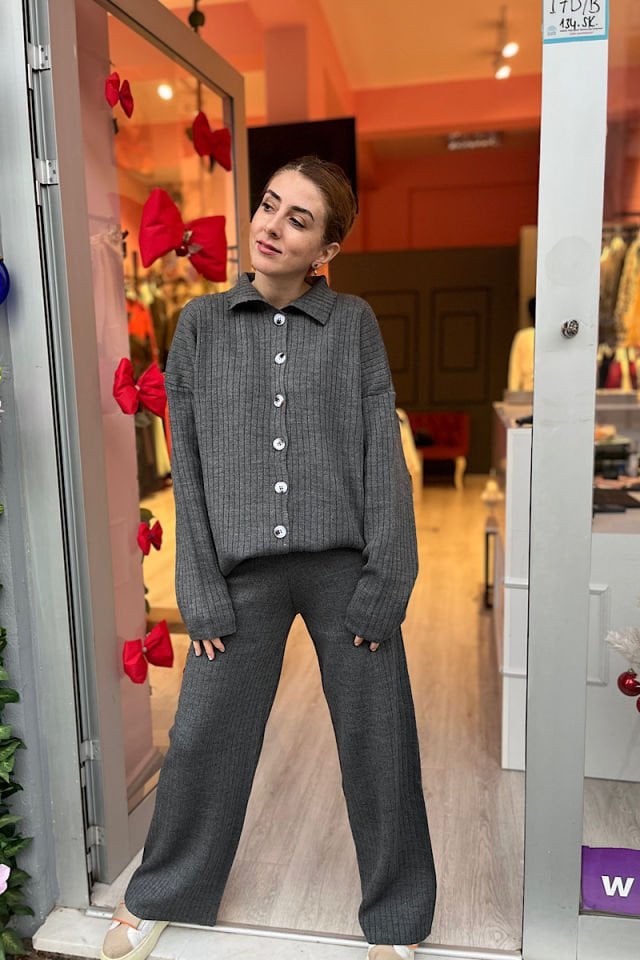 Fitilli Triko Takım-Gri