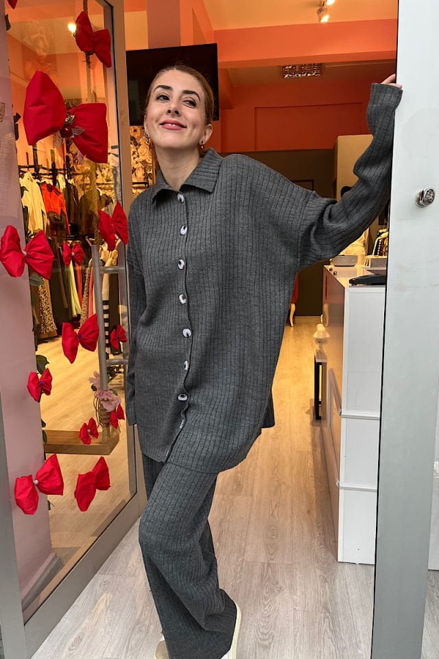 Fitilli Triko Takım-Gri