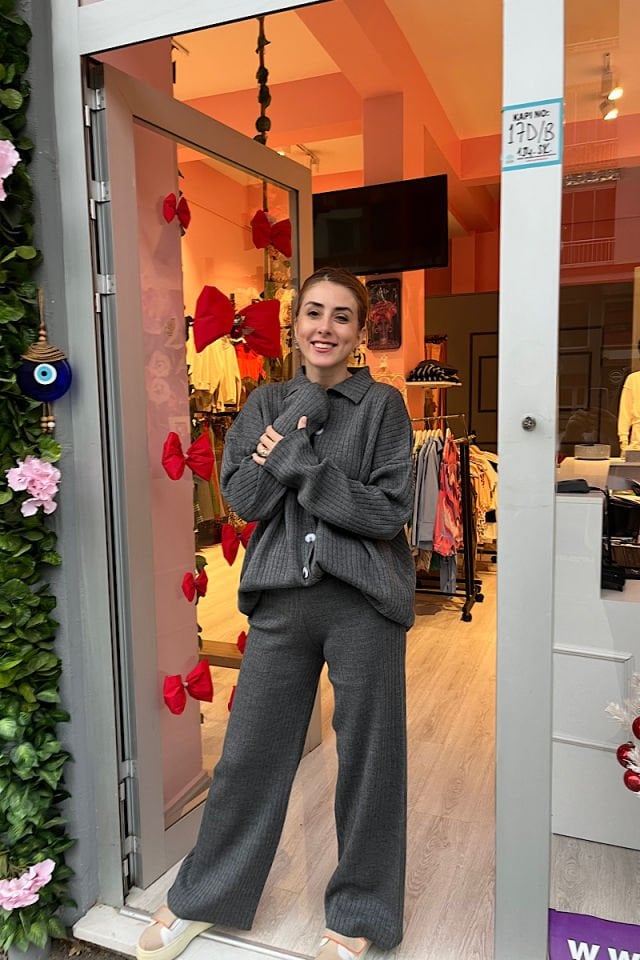 Fitilli Triko Takım-Gri