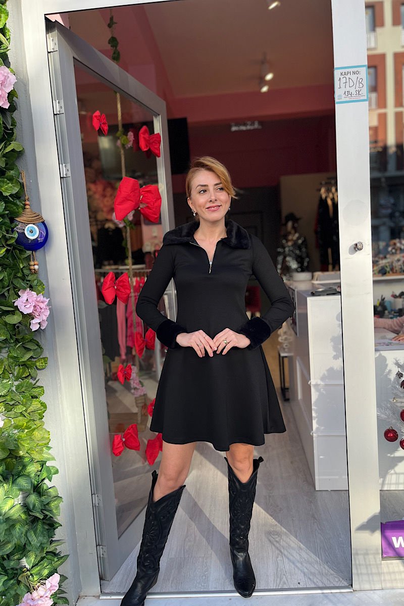 Kürk Detay Çan Mini Elbise-Siyah