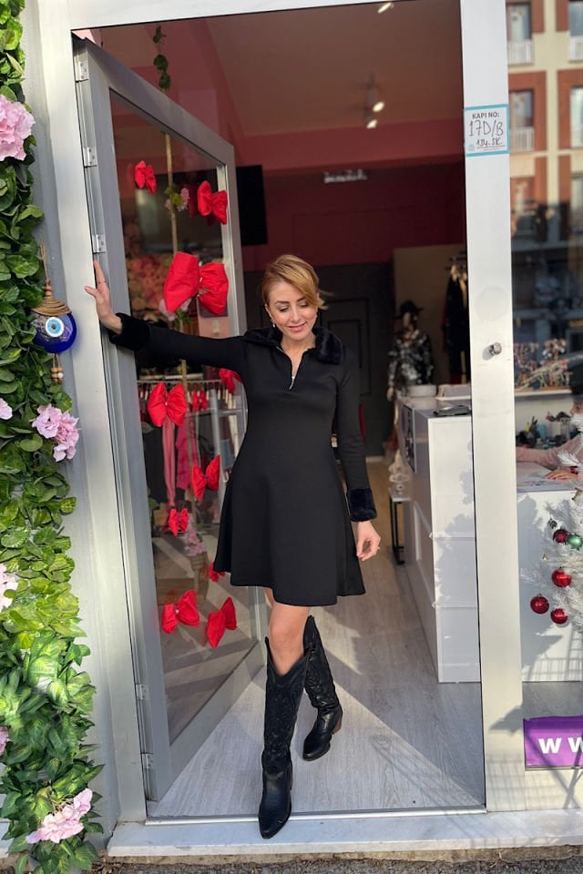 Kürk Detay Çan Mini Elbise-Siyah