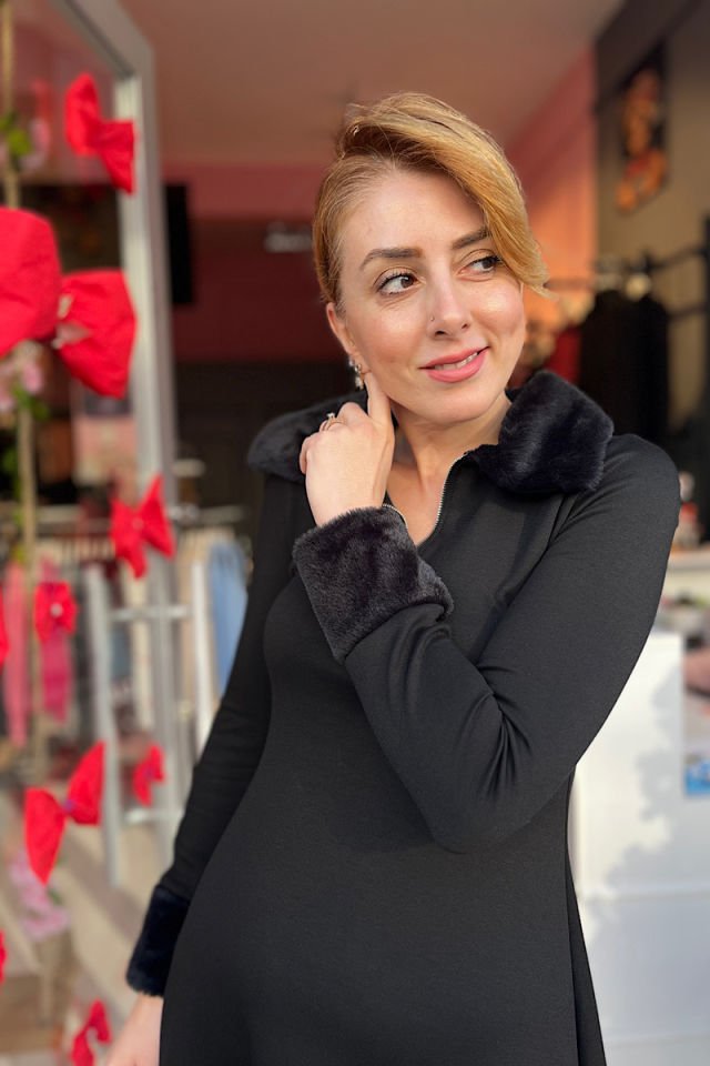 Kürk Detay Çan Mini Elbise-Siyah