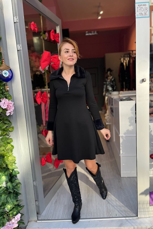 Kürk Detay Çan Mini Elbise-Siyah