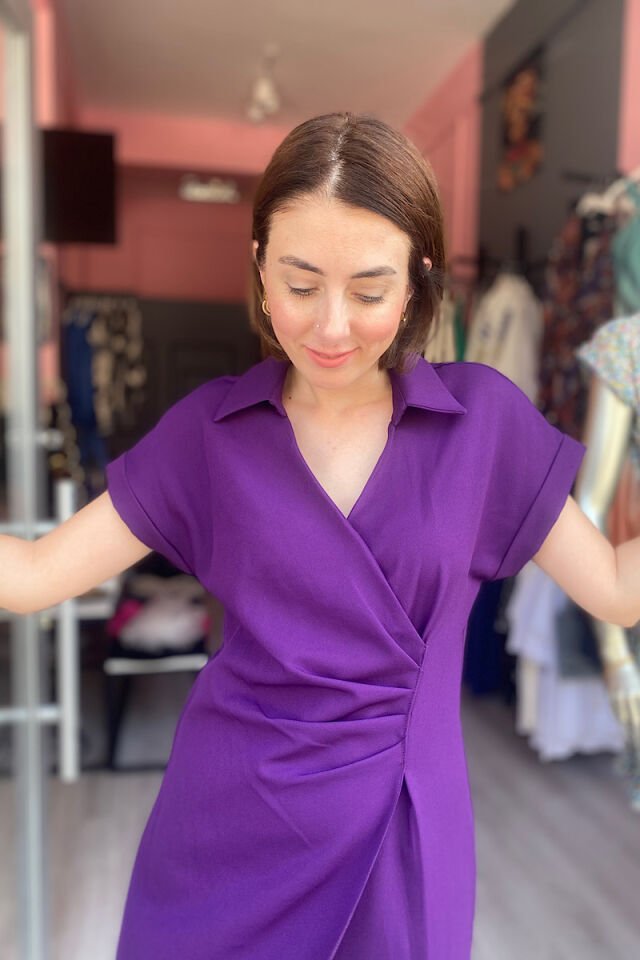 Pens Detaylı Double Kumaş Elbise-Mor
