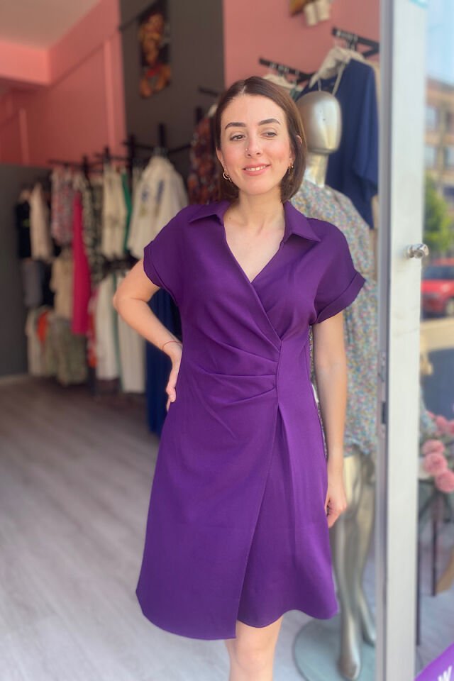 Pens Detaylı Double Kumaş Elbise-Mor