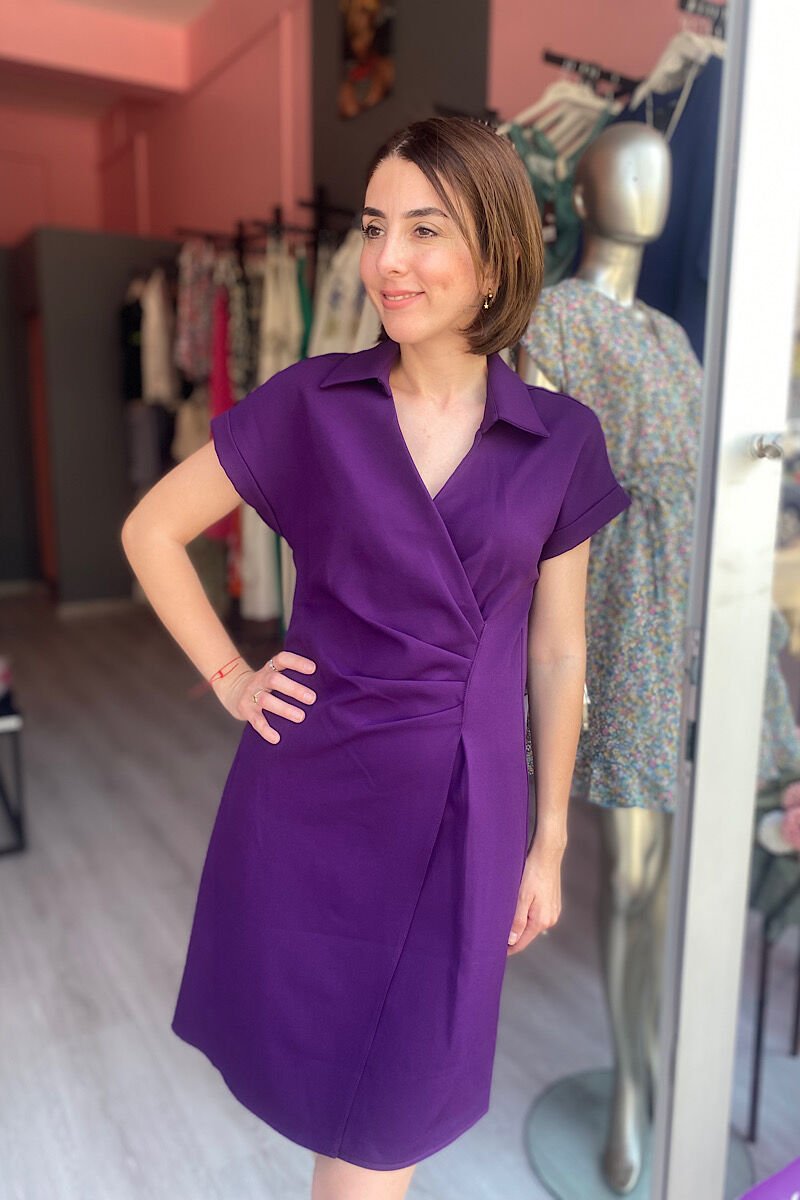 Pens Detaylı Double Kumaş Elbise-Mor